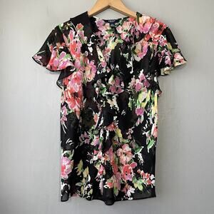Chaps Womens Size Large Dark Floral Sheer Ruffled Top Romantic Feminine Summer